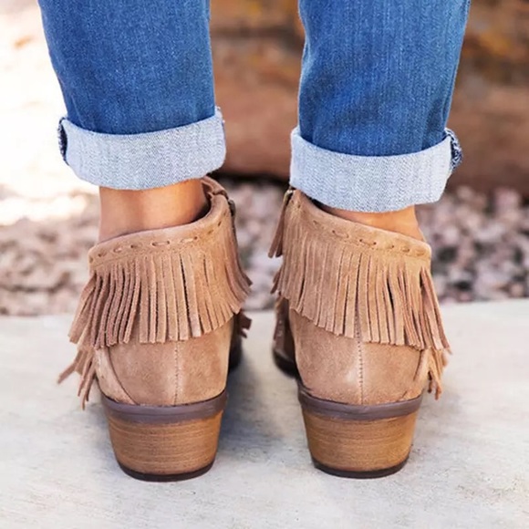 LAST 1!Fringe Bohemian Vegan Suede Tan Ankle Boots - Picture 5 of 12